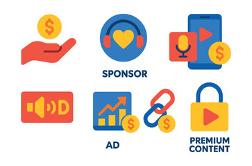 Flat vector icons of podcast monetization and revenue: donation icon, listener support badge, sponsor tag, paid subscription, ad break symbol, monetization chart, affiliate link icon, premium content