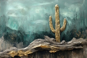 Textured painting of a golden cactus and rocky formation against a serene teal abstract background.