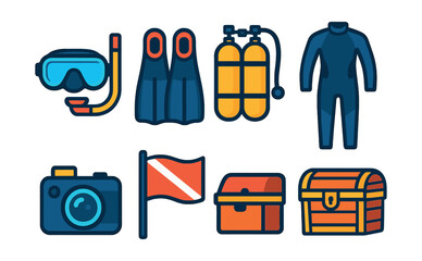 Flat vector icons of ocean exploration: diving mask, snorkel, flippers, oxygen tank, wetsuit, underwater camera, dive flag, treasure chest.