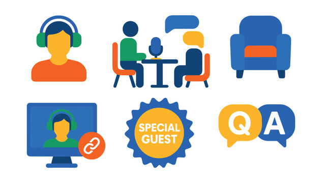 Flat vector icons of podcast guests and interviews: guest with headset, interview setup, two-person conversation, guest chair icon, remote guest link, special guest badge, roundtable mic, Q&A bubble.