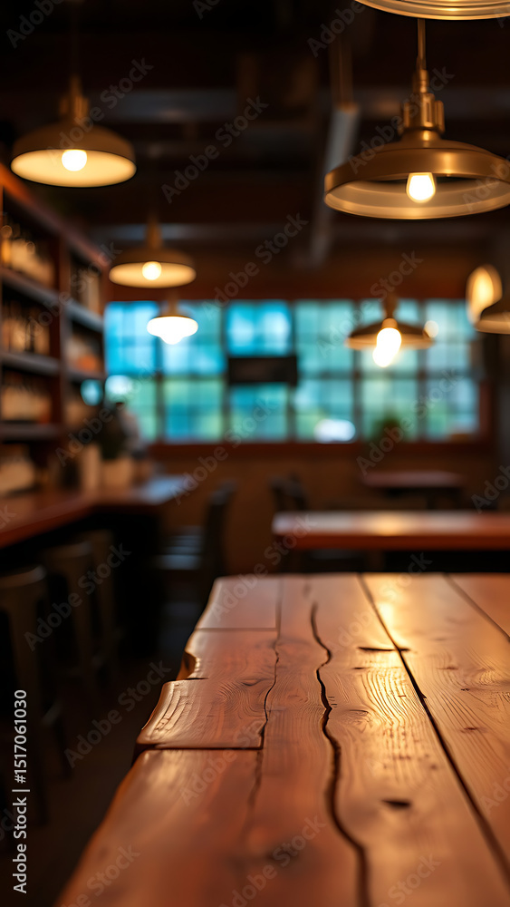 Poster empty wooden table rustic and blurred background of bar or pub for product display high quality phot