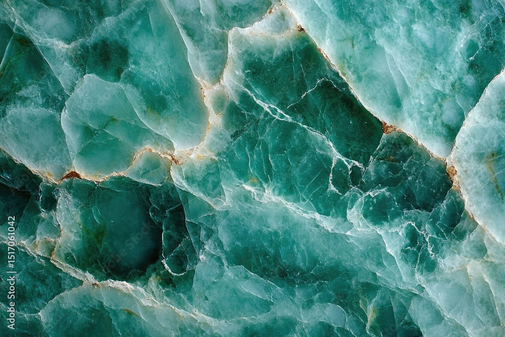 Poster a close-up shot of a fractured teal rock formation with intricate patterns and variations in color a