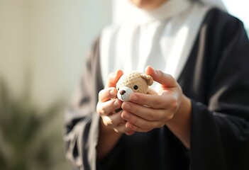 nun holding a teddy bear in her hands