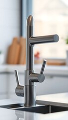 stainless steel faucet on a white counter top