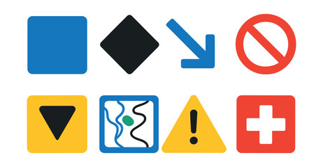 Flat vector icons of winter trail signs: blue square, black diamond, slope arrow, closed run, slow zone, ski area map, caution icon, patrol cross.
