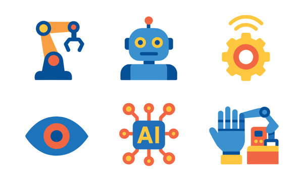 Flat vector icons of robotics and automation: robot arm, humanoid bot, automation gear, sensor grid, robot eye, AI process, robotic hand, assembly machine.
