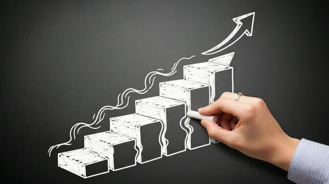 Hand drawing a rising bar graph with chalk on a blackboard showing business growth and success idea