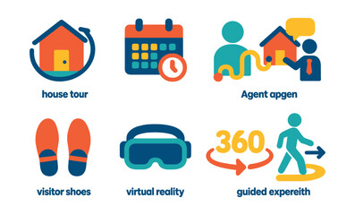 Flat vector icons of property tours and visits: house tour, scheduled visit, walkthrough icon, agent-led tour, visitor shoes icon, virtual reality glasses, 360 icon, guided experience.