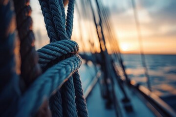 Obraz premium Close-up of nautical ropes with a sunset background, creating a beautiful, peaceful, and adventurous scene.
