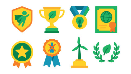 Flat vector icons of environmental awards: eco hero badge, sustainable project trophy, green innovation medal, climate action leader certificate, eco-volunteer star, plastic-free challenge ribbon,
