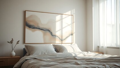 bed with a white comforter and a painting on the wall