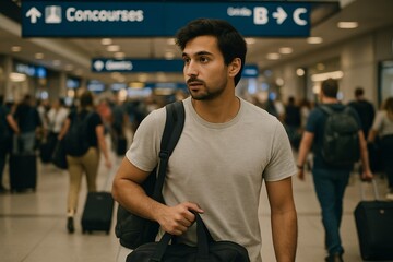 Obraz premium Focused young man with a beard walking through a busy airport terminal with travel bags, representing global travel, independence, and modern mobility lifestyle.