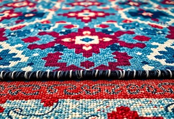 blue, red, and white rug on the ground