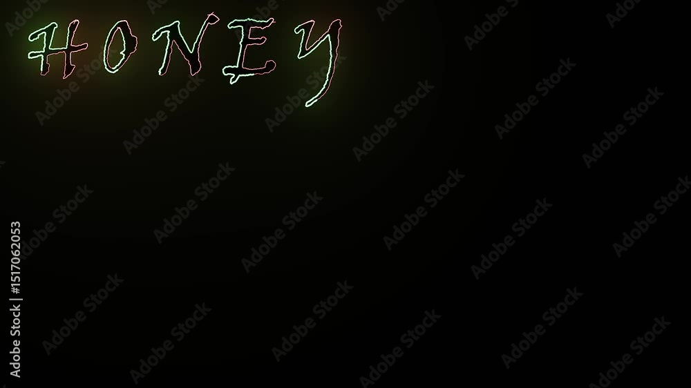 Poster 2d animation motion graphics drawing of the word or neon text honey which is slowly flickering on bl
