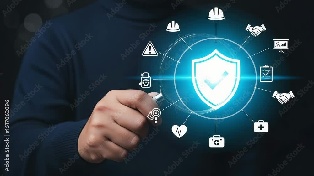 Poster Man holding magnifying glass over shield with checkmark and safety related icons around it