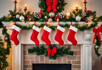 fireplace decorated for christmas with stockings hanging from the mantel