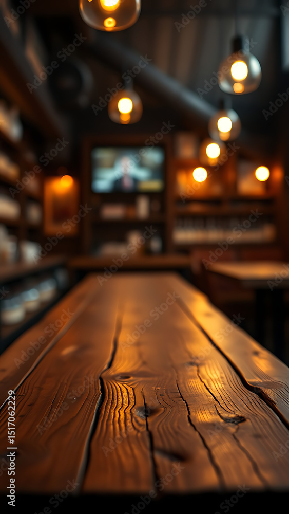 Poster empty wooden table rustic and blurred background of bar or pub for product display high quality phot