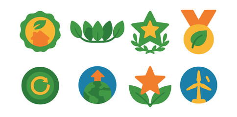Flat vector icons of environmental service ratings: top eco hotel badge, green product five-leaf rating, sustainable brand excellence star, eco-friendly event medal, zero-waste initiative award badge