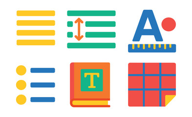 Flat vector icons of formatting and layout: paragraph alignment, text spacing, margin rulers, font selection, bullet points, style guide book, layout grid, page setup.