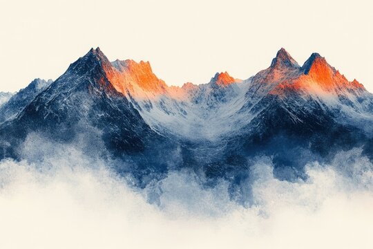 Majestic snow-capped mountains pierce through a sea of clouds, their peaks kissed by the warm glow of sunlight.