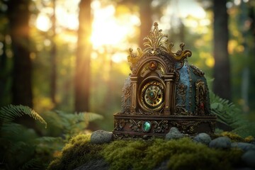 Ornate clock mechanism rests on mossy stones in a sunlit forest clearing, creating a magical scene.