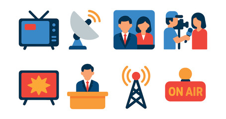 Flat vector icons of broadcasting and media: live TV icon, satellite dish, newsroom symbol, media crew, breaking broadcast, studio desk, radio tower, on-air button.