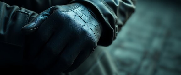 close up of a person wearing black gloves