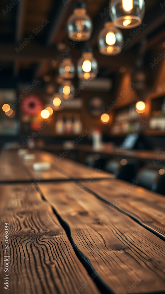 Poster empty wooden table rustic and blurred background of bar or pub for product display high quality phot