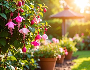 Vibrant fuchsia flowers in a garden setting