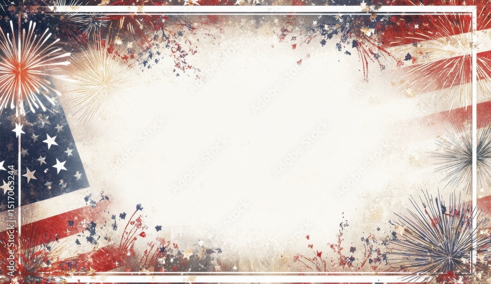 Poster a frame with an american flag and fireworks in the background, with white space in the center of the