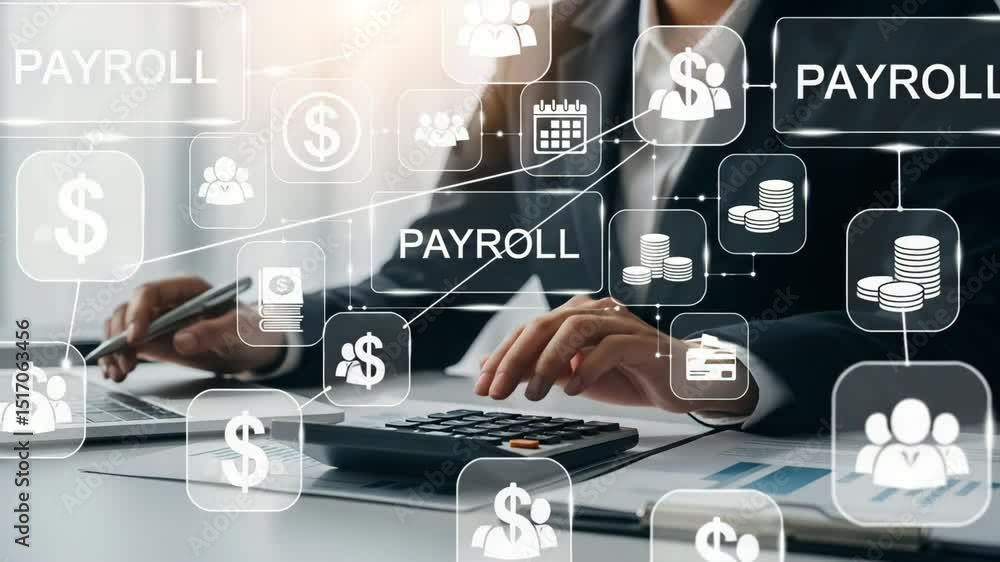 Poster close up of person using calculator and laptop with payroll icons floating above the desk surface