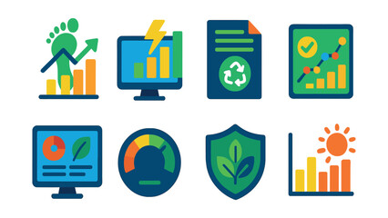 Flat vector icons of environmental and sustainability analytics: carbon footprint graph, energy consumption chart, sustainability report icon, green KPI tracker, eco-impact dashboard, resource