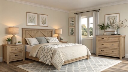 Bedroom with wooden furniture and artwork on the walls in neutral tones
