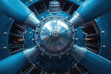 A detailed close-up of a vintage airplane propeller with its blue blades and intricate silver hub, showcasing engineering.