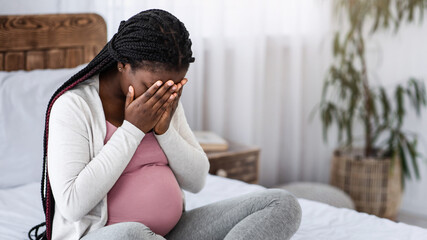 Sad Black Pregnant Woman Crying At Home, Having Maternity Depression, Suffering Hormonal Changes...