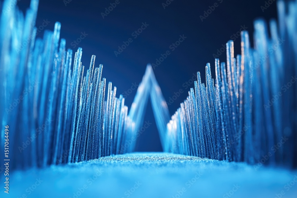 Poster an abstract shot of crystal spikes forming a path towards a bright blue apex, creating an icy, futur