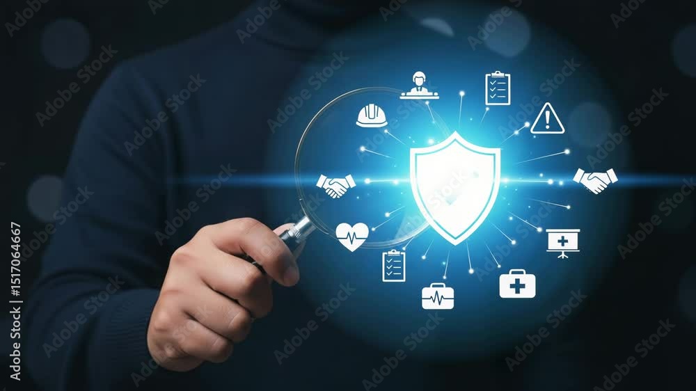 Poster person holding a magnifying glass over a shield with icons on a dark blue background image design