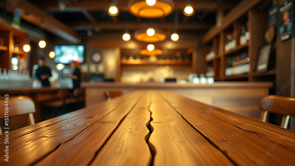 Poster empty wooden table rustic and blurred background of bar or pub for product display high quality phot