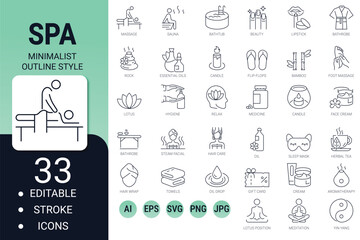 Spa and massage line icons – wellness, sauna, self-care, candle, and more. editable stroke vector set