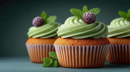 Three cupcakes with mint and berries