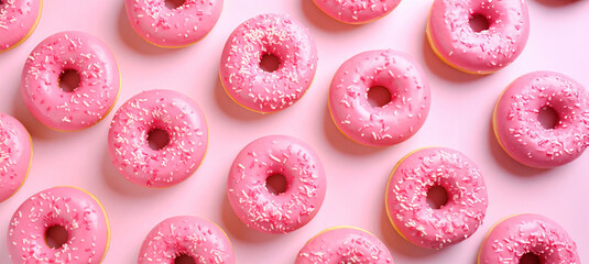 Donuts topped with vibrant pink glaze and colorful sprinkles, arranged to create a regular pattern on a pink surface