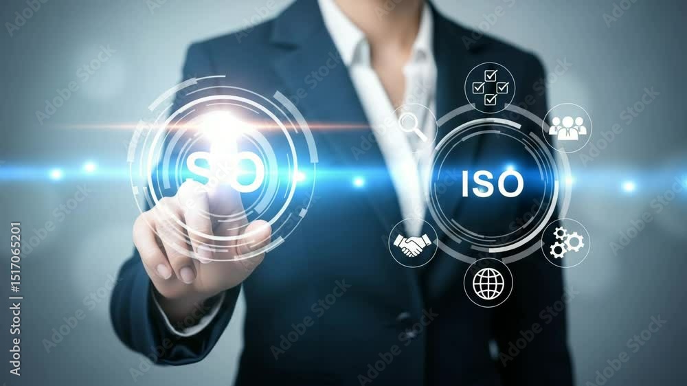 Poster a person in a suit touching the iso graphic interface with icons and digital technology concept