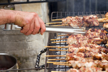 Greek traditional Soulvaki (plural souvlakia). A popular delicious Greek food consisting of small pieces of meat on a skewer. A practice historically dates back to the Bronze Age and Mycenaean Greece.