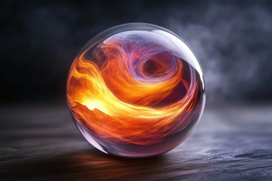 A mystical sphere with swirling orange and purple energy inside, resting on a dark wooden surface against a smoky background.