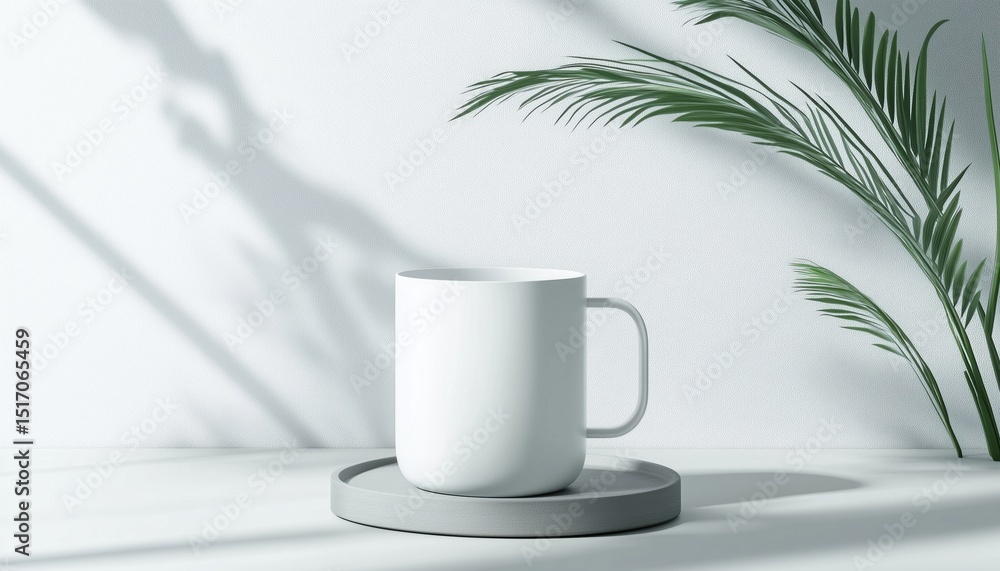 Poster white mug mockup on grey background: simple and elegant design for displaying your designs and logos