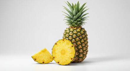 Whole pineapple with sliced pieces isolated on white background – tropical fruit for healthy food, summer drinks, packaging design, juice, diet and nutrition concepts