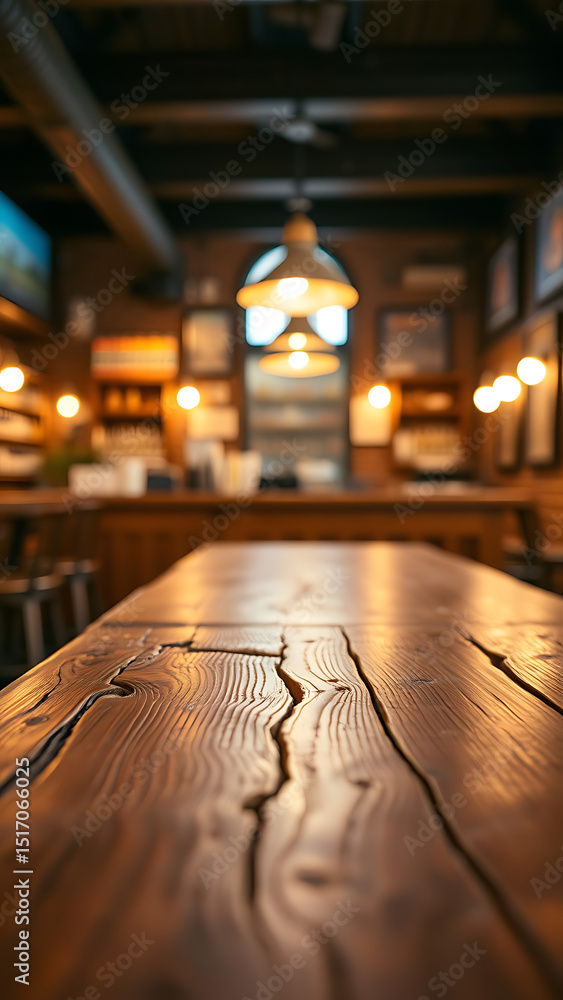 Poster empty wooden table rustic and blurred background of bar or pub for product display high quality phot