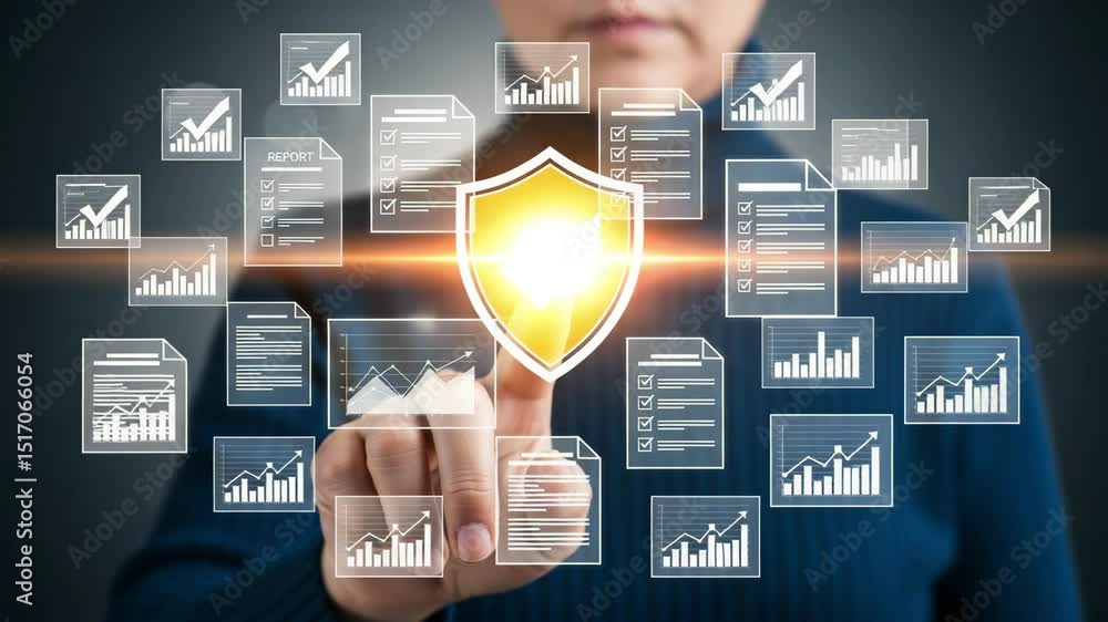 Aufkleber Person touching a digital shield with documents and charts floating around on a dark background