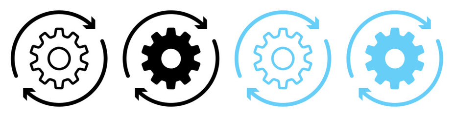 Set of gear and refresh icons in black and blue. Mechanical settings, process, update, synchronization, system configuration, technical support symbol. Flat isolated vector Illustration.