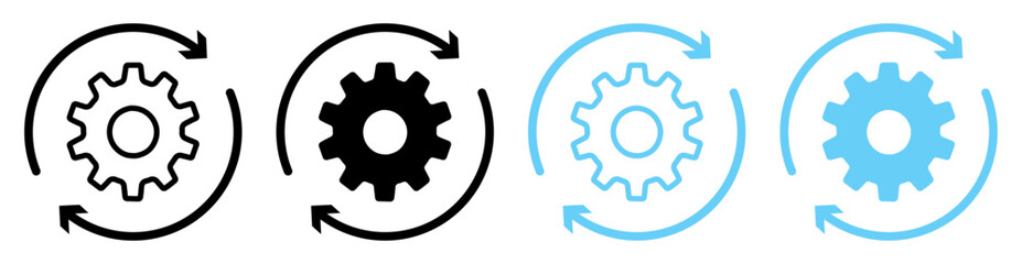 Set of gear and refresh icons in black and blue. Gear symbol with two arrows or wheel sign symbol. Sync process icons collection. Flat isolated vector Illustration.